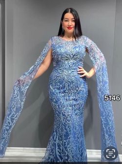 FIERO Blue Size 8 Military Jersey Mermaid Dress on Queenly
