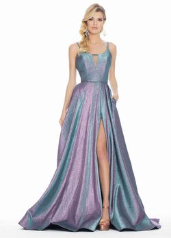 Style 1514 Ashley Lauren Blue Size 0 1514 Shiny Metallic Plunge A-line Dress on Queenly