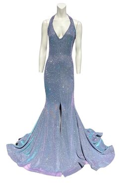 Style 757 Jessica Angel Blue Size 8 Shiny Floor Length Tall Height Side slit Dress on Queenly