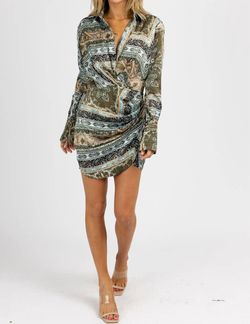 Style 1-1235080818-2696 LUXXEL Green Size 12 High Neck Olive Print Sleeves Cocktail Dress on Queenly