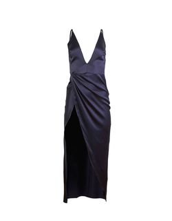 Style 1-201478577-2696 Fleur Du Mal Blue Size 12 Silk Plunge Black Tie Plus Size Floor Length Side slit Dress on Queenly