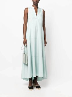 Style 1-941581538-3236 TWINSET Light Blue Size 4 Jersey V Neck Black Tie Floor Length Straight Dress on Queenly