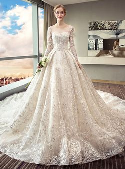 Custom Made  White Size 14 Train Lace Ball gown on Queenly