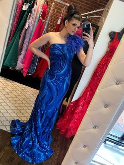 Style 32596 Jovani Blue Size 4 Medium Height Feather Floor Length Mermaid Dress on Queenly