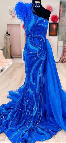 Style 32596 Jovani Blue Size 4 Feather One Shoulder Pageant Sequined Mermaid Dress on Queenly