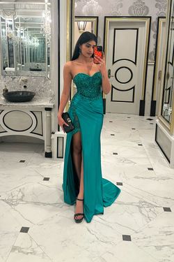 Sivory Green Size 4 Corset Floor Length Silk Sequin Side slit Dress on Queenly