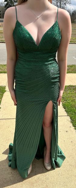 Sherri Hill Green Size 10 Emerald Prom Plunge Jersey Train Side slit Dress on Queenly
