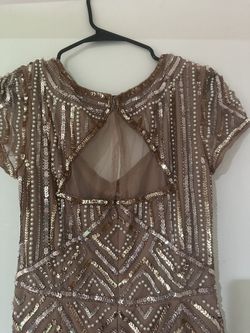 Adrianna Papell Nude Size 10 Sequined Floor Length Cap Sleeve A-line Dress on Queenly