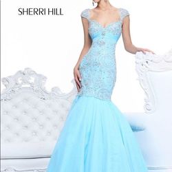 Style 21036 Sherri Hill Blue Size 4 Jersey Military Tall Height Mermaid Dress on Queenly