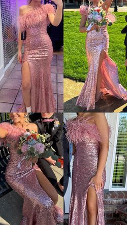 Style 54837 Sherri Hill Pink Size 00 Feather 50 Off Side Slit A-line Dress on Queenly