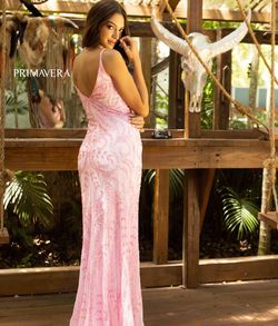 Style 3793 Primavera Pink Size 12 Plunge Jewelled Straight Dress on Queenly
