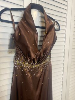 Style 5477 Night Moves Brown Size 4 Pageant Halter Jersey Straight Dress on Queenly