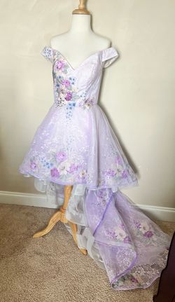 Blush Prom Purple Size 4 Jersey Medium Height Floral Lace Jewelled Train Dress on Queenly