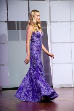 Style 70276 Rachel Allan Purple Size 0 Plunge Floor Length Embroidery Pageant Mermaid Dress on Queenly