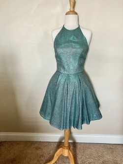 Sherri Hill Blue Size 4 Teal Glitter Flare Jersey Cocktail Dress on Queenly