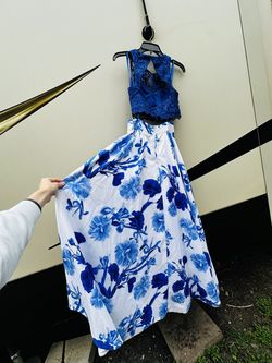 My Michelle Blue Size 0 Floral Prom Jersey Ball gown on Queenly