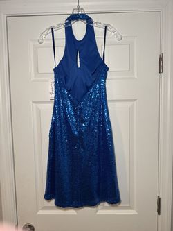 Style 3343 Swing Royal Blue Size 4 Jersey Sequined Cocktail Dress on Queenly