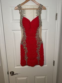 Jovani Red Size 4 Sheer Tulle Jersey Cocktail Dress on Queenly