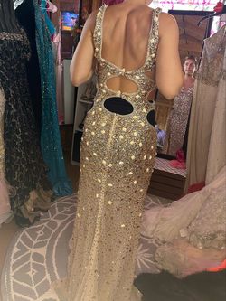 Jaaz Gold Size 6 Plunge Fully Beaded Prom Side slit Dress on Queenly