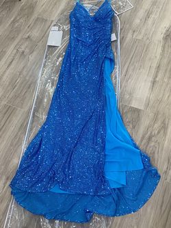 Style CH225 Cinderella Divine Blue Size 10 Plunge Floor Length A-line Dress on Queenly