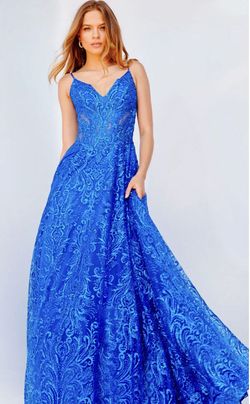 Style 09016A Jovani Royal Blue Size 12 Plus Size Plunge Straight Dress on Queenly