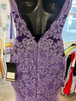 Style 31512 La Femme Purple Size 0 Plunge Prom Jersey Floor Length Mermaid Dress on Queenly