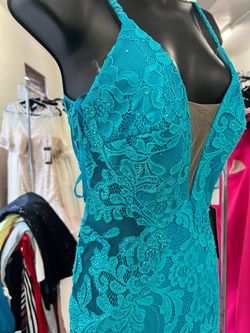 Style 31512 La Femme Blue Size 4 Pageant Plunge Prom Jersey Floor Length Mermaid Dress on Queenly