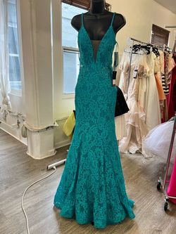 Style 31512 La Femme Blue Size 4 Pageant Plunge Jersey Mermaid Dress on Queenly