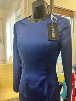Sherri Hill Blue Size 0 Long Sleeve Black Tie Straight Dress on Queenly