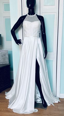Style 11341 Sherri Hill White Size 6 Prom 11341 Side Slit High Neck Train Dress on Queenly