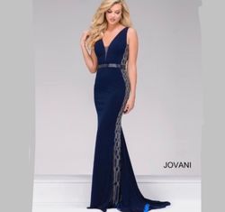 Jovani Blue Size 4 Black Tie Floor Length Straight Dress on Queenly