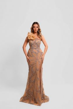 Style Flora Minna Fashion Gold Size 12 One Shoulder Flora Sheer Floral Side slit Dress on Queenly