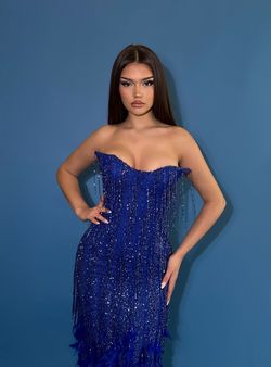 Style Delilah Minna Fashion Blue Size 12 Tall Height Black Tie Sequined Delilah Corset Straight Dress on Queenly