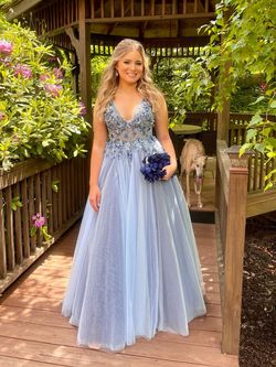 Style 3110 Jovani Blue Size 2 Quinceanera Jersey Free Shipping Plunge Floral Ball gown on Queenly