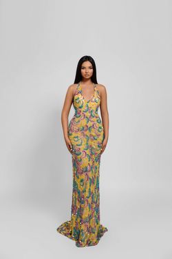 Style Saraga Minna Fashion Yellow Size 4 Flare Plunge Sequined Floor Length Mermaid Dress on Queenly