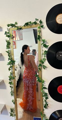 Style 64709 Jovani Orange Size 2 Plunge Prom Floor Length Mermaid Dress on Queenly