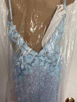 Jovani Blue Size 6 Plunge Free Shipping Side slit Dress on Queenly