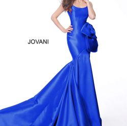 Jovani Blue Size 6 Plunge Swoop Pageant Mermaid Dress on Queenly