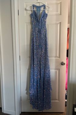 Style 70195 Rachel Allan Blue Size 6 Floor Length Free Shipping Side slit Dress on Queenly