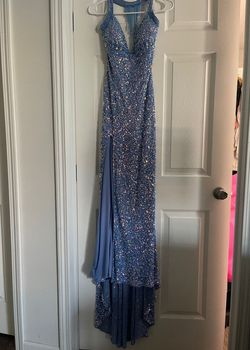 Style 70195 Rachel Allan Blue Size 6 Free Shipping Floor Length Side slit Dress on Queenly