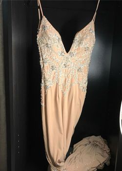Jovani Nude Size 4 Plunge Floor Length Side slit Dress on Queenly