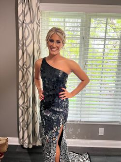 Style Shattered mirror Sherri Hill Black Size 0 One Shoulder Floor Length Prom A-line Dress on Queenly
