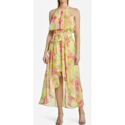 Eliza J Yellow Size 2 Floor Length Military Floral Polyester Straight Dress on Queenly