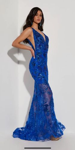 Style 7440 Jasz Couture Blue Size 4 Prom Plunge Floor Length 7440 Mermaid Dress on Queenly
