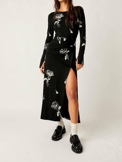 Style 1-2406339120-5230 Free People Black Size 4 Floral Long Sleeve Boat Neck Cocktail Dress on Queenly