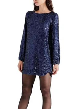 Style 1-3001260884-2901 STEVE MADDEN Blue Size 8 Summer Long Sleeve Sequined Casual Tall Height Cocktail Dress on Queenly