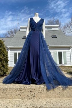 Style 1-4065840070-2901 JESSICA ANGEL Blue Size 8 Free Shipping Tall Height Belt Floor Length Navy Ball gown on Queenly