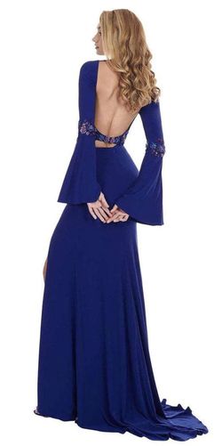 Style 6585 Rachel Allan Blue Size 10 Side Slit Jersey Bell Sleeves A-line Dress on Queenly