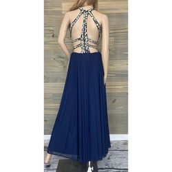 Glamour by Terani Couture Blue Size 2 Floor Length Halter A-line Dress on Queenly