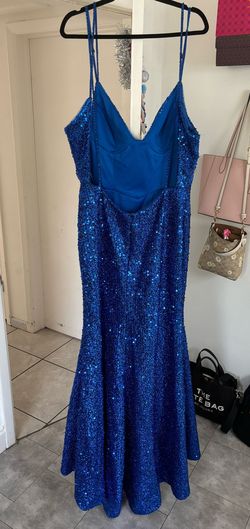 Style 7844 Lets Gown Blue Size 16 Plus Size Sequined Floor Length Homecoming Mermaid Dress on Queenly